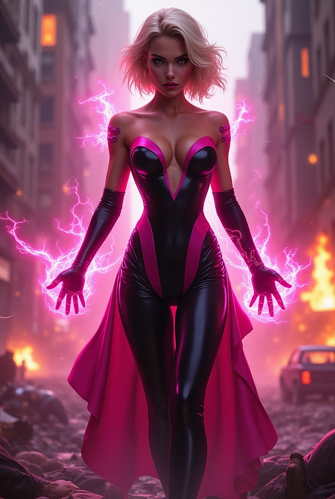 Seductive and Beautiful young woman with a soul of pure evil and hatred. Alluring shorthaired blonde supervillainess with energy blast powers.  Attacking a city snd killing random people.  A sinister smirk crosses her glossy lips.  Skintight pink and black costume accentuate her curves.