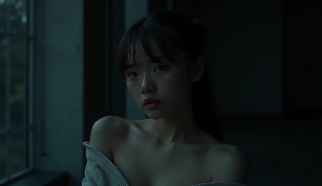 Highest quality, masterpiece, Ultra-high resolution, (Realistic:1.4), RAW Photos, One person, Off the shoulder, In the Dark, Deep Shadow, Modest, Cold Light
