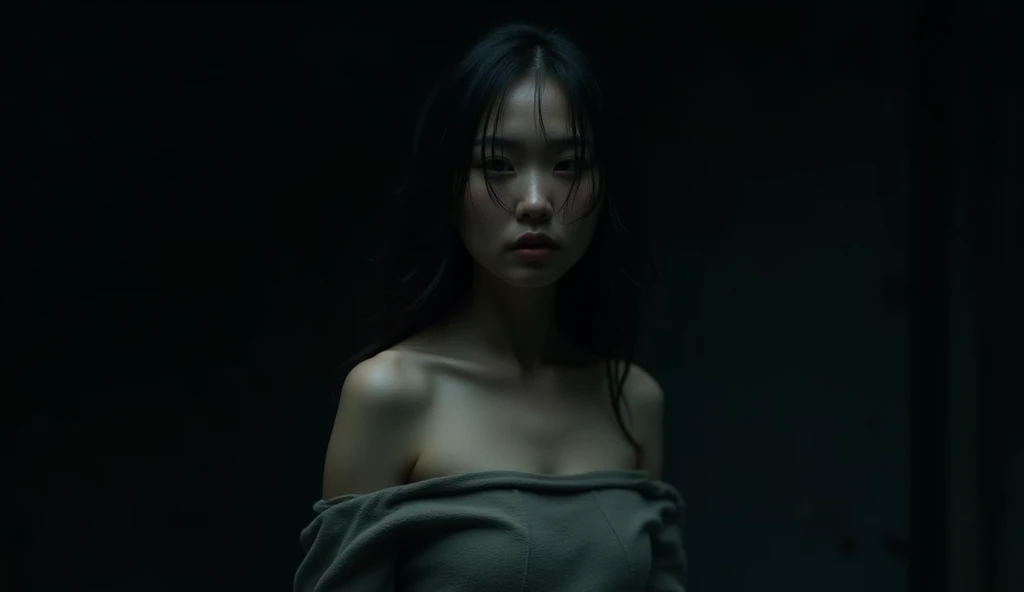 Highest quality, masterpiece, Ultra-high resolution, (Realistic:1.4), RAW Photos, One person, Off the shoulder, In the Dark, Deep Shadow, Modest, Cold Light