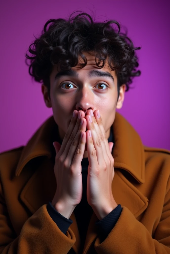 It features a young handsome man with a surprised expression on his face, covering his mouth with his hands. He is wearing a brown jacket and has curly hair. The background is purple