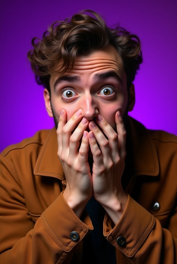 It features a young handsome man with a surprised expression on his face, covering his mouth with his hands. He is wearing a brown jacket and has curly hair. The background is purple