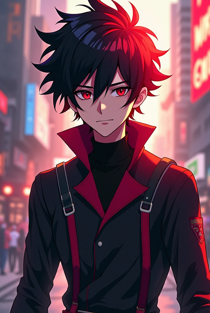 Male character with black and red hair anime style