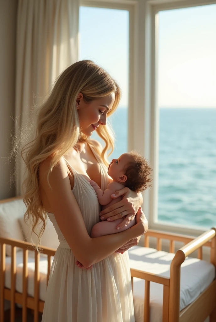 a pretty instagram model woman with long blonde hair, blue eyes, glowy skin, sun kissed face, wearing dress, embracing an newborn baby girl, brown hair, blue eyes, standing in a nursery, crib in the background with big bay window overlooking an ocean