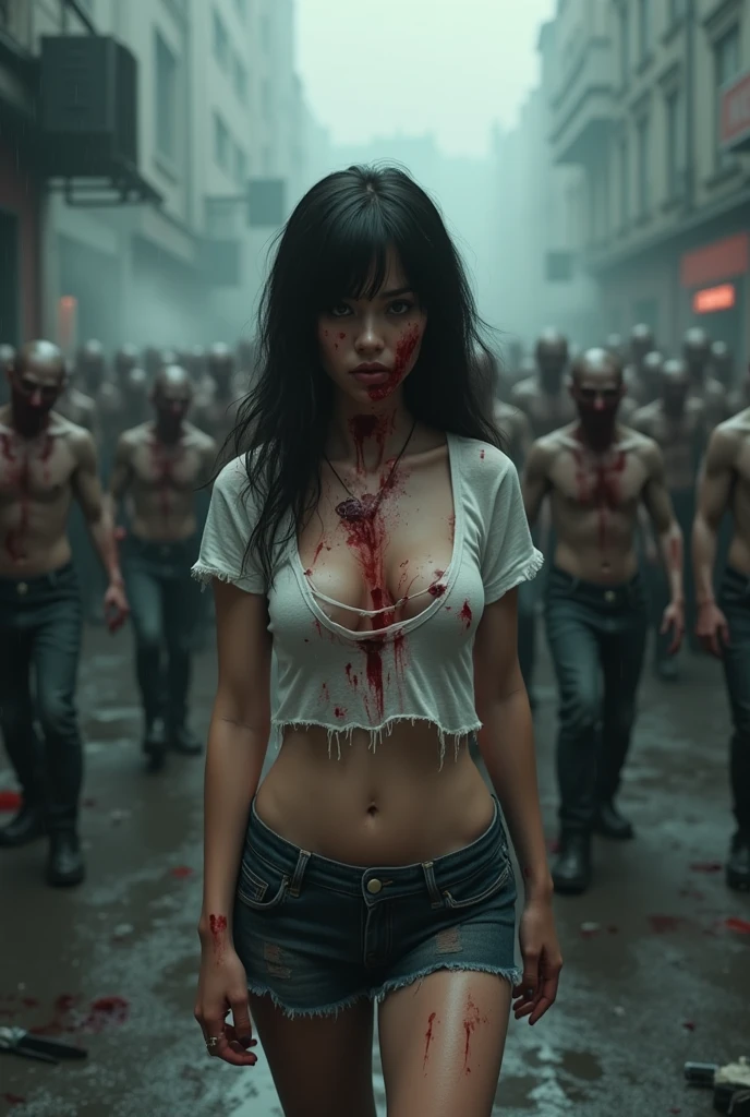 Short black t-shirt, Smeared with blood, Small underneath a mini t-shirt, blood dripping down, zombies chasing her, zombies running after her, face smeared with blood, blood on her clothes, Small in a torn blood stained white blouse, blood-stained clothes, torn and dirty mini skirt, blood-stained mini skirt, blood on her bodySmeared with blood, blood dripping down, zombies chasing her, zombies running after her, face smeared with blood, blood on her clothes, blood on her body, arafed American woman posing for a picture, beautiful American woman, korean girl, beautiful young american woman, American woman, American women's fashion model, sexy look, Small breast, cabelos longos, sexy pose, show breast. Dark background, dark and rainy street the blurred night, blurred street in the background, night, dark night, City in dog, streets in dog, rubble, smoke, destructionCity in dog, streets in dog, rubble, smoke, destruction, rainy night, shadows, dark alley, dawn, zombie apocalypse, zombie killer, zombies, undead, Zombie horde, monsters, movie style: RESIDENT EVIL. (Perfect skin, without blemishes or marks). ((best quality, 8k, masterpiece: 1.3)), focus: 1.2, perfect figure beautiful woman: 1.4, perfect breasts: 1.2, ((layered haircut, beautiful breasts: 1.2)), (real clothing textures: 1.1), (smooth Posture), clothing: 1.1, Highly detailed facial and skin texture, A detailed eye, double eyelid, brighten skin, real hair, “Visualize a character who radiates an aura of mystery and fascination. Her skin is so realistic that every texture and hue seems to pop out of the image, reflecting light and shadow perfectly. Skin should display subtle nuances of color, from the warm tones of natural blush to the cool shadows under the eyes, capturing the complexity and beauty of human skin in all its vivid detail. (Dark style with horror, cinematic effect in Zombie Apocalypse style).