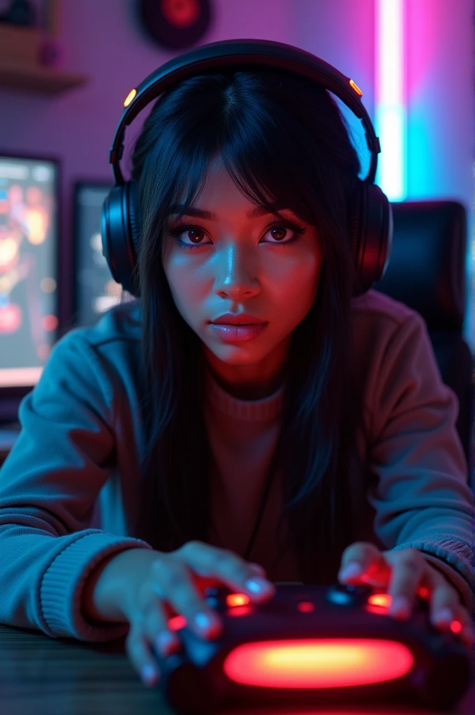 Gamer girl with straight hair and dark skin