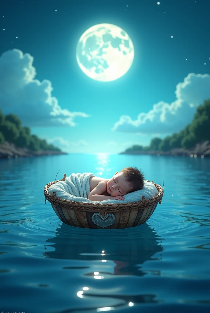High quality image of blue sea, in the sea there is new born baby placed in decorated wood basket. The baby covered completely. Near the seashore there is trees. The sky is blue. Big white moon. Small stars in the sky