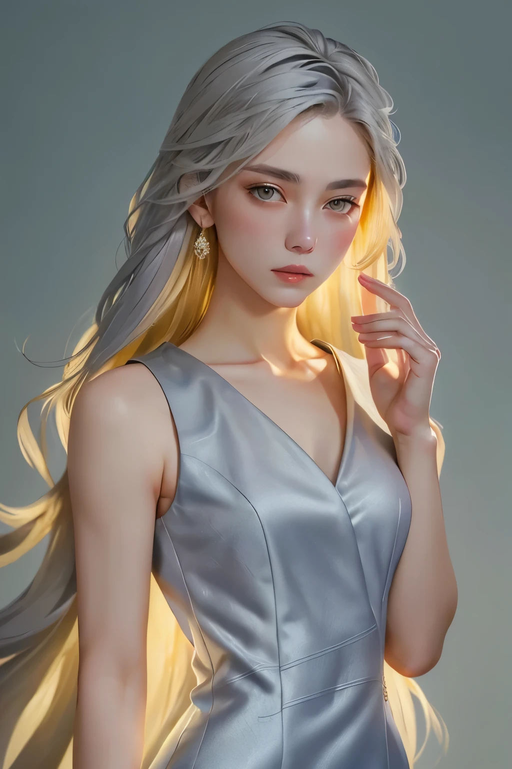 (oil, masterpiece, highest quality, Super detailed, Focus on the characters), Young woman, pale skin, ((a long gray hair)). ((a elegant yellow sleeveless dress)).  She has a serene expression. ((Looking straight ahead)), the background is a soft light blue gradient, giving the image an ethereal and calm feel