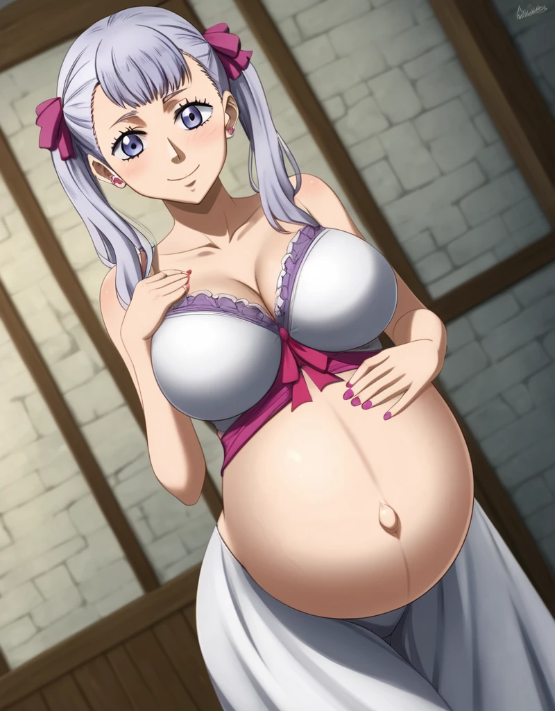 noelle_blackclover, Noelle Silva, Black Clover, long silver hair, waist-length hair, half-up half-down hairstyle, ribbon, side-parted bangs, almond-shaped blue eyes, high-quality, ultra-detailed, beast quality, 8K resolution,
looking at viewer, dutch angle, cowboy shot, smile, pregnant belly, large belly, big belly, big Breasts, belly button,
1girl,solo, indoors, happy, Smiling, rub belly,
full body, Nail polish,