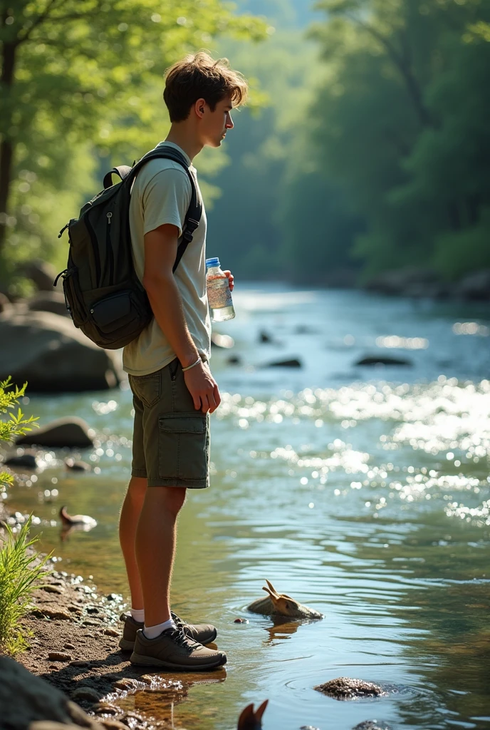 Summer clothing。Male college student。Observing wildlife in the river。A pouch worn around the neck。There is a half-empty 1-liter plastic bottle inside.。A deep, fast-flowing river。