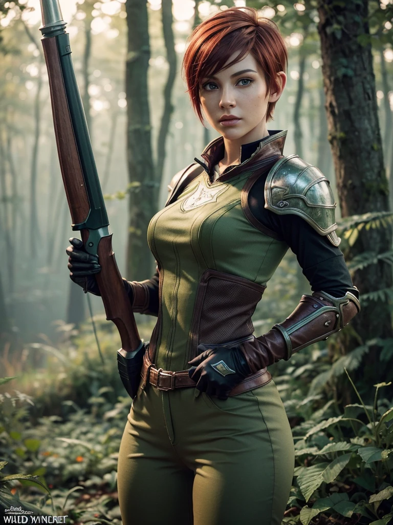 slim feminine figure, redhead, best quality, realistic skin texture, photography, film grain texture and high contrast, extremely high-resolution details, photographic, photorealistic, hyper-realistic, HDR, masterpiece, ((short pixie hair)), dressed up as a hunter from world of warcraft, full hunter armor, a green lust forest in the background, brown pants, armored shoulder-pads
