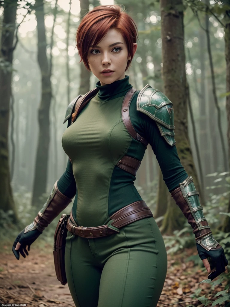 slim feminine figure, redhead, best quality, realistic skin texture, photography, film grain texture and high contrast, extremely high-resolution details, photographic, photorealistic, hyper-realistic, HDR, masterpiece, ((short pixie hair)), dressed up as a night elf hunter from world of warcraft, full green hunter armor, a green lust forest in the background, brown pants, brown gloves