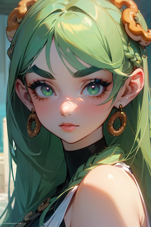 (Highest quality, masterpiece:1.2), High resolution, Very detailed, Realistic:1.37, Fantasy, An illustration, Green Eyes、Queen, Platinum decoration、beautifully、Eyeshadow Red、Thick eyebrows、Long eyelashes、pupils are black、Her hair is light green、Embarrassing、people々々々々々々々Loved by、Shoulder Bare、Braiding、((Swimwear)).(Save face image),((donut)、