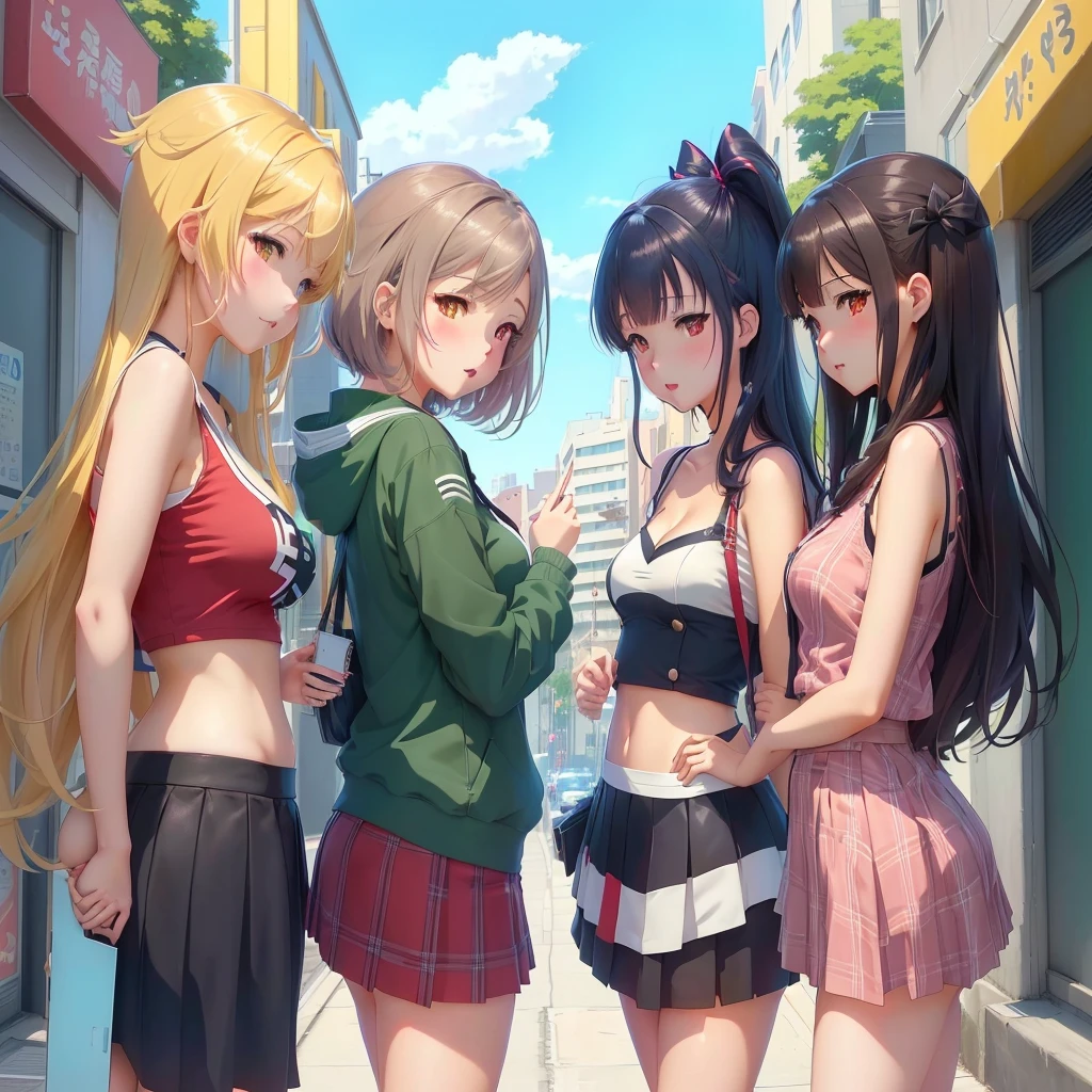 Three girls in short skirts are standing on the street。, Naughty anime style, Anime, Anime Moe Art Style, Visual Novel CG, Daily Life Anime, Visual novel key visual, Naughty style, High-quality artwork, Digital anime art!!, Anime Style 4k, Naughty, Kantai Collection Style, Idol Master, Anime Best Girl, Hololive