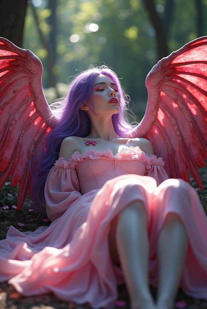 Korean purple hair butterfly woman lying on the ground with big pink wings with blood with wings with blood wings with blood wings with blood dressed in pink outfit and blood wings on wings blood on wings In forest