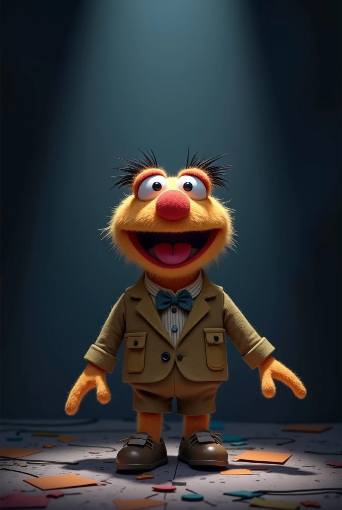 Could you create a stage for a paper-drawn style muppet with a dark background and a presentation bar that divides half the screen as a news presenter in tik tok format please? 