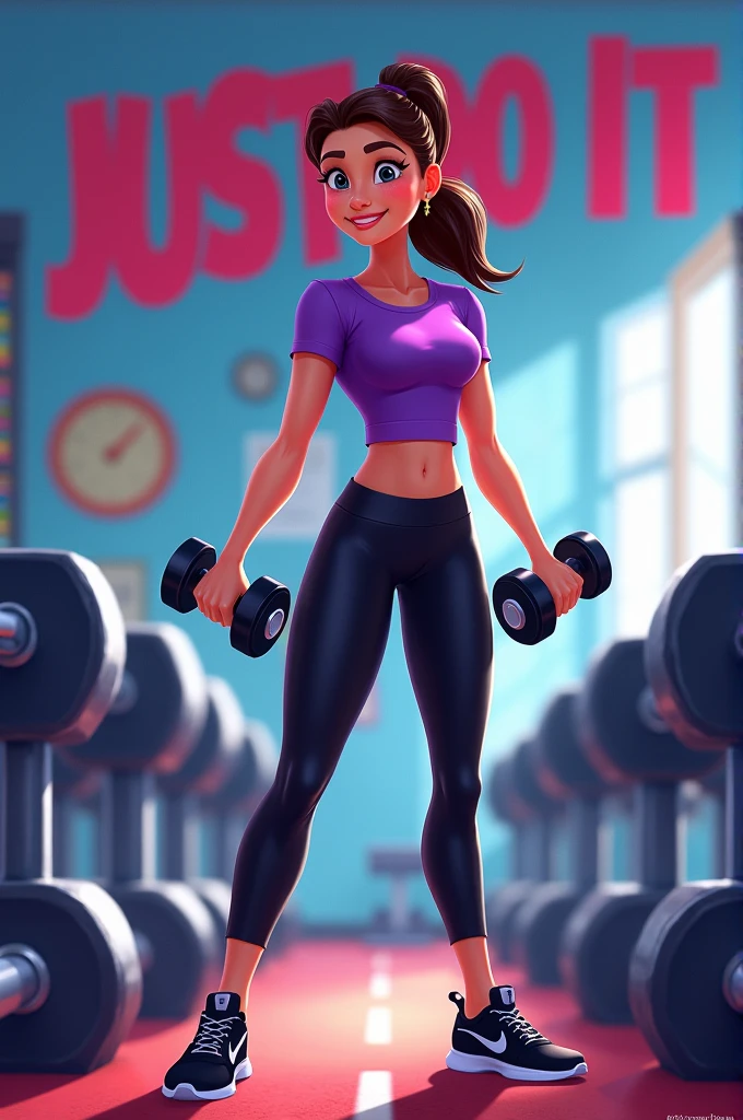 Disney-style poster with a girl in the gym, combed with ponytail dark brown hair and straight, Purple sleeved blouse and black sports leggings, black tennis shoes, taking a dumbbell in each hand, In the background you can see dumbbells and a sign that says Just do it