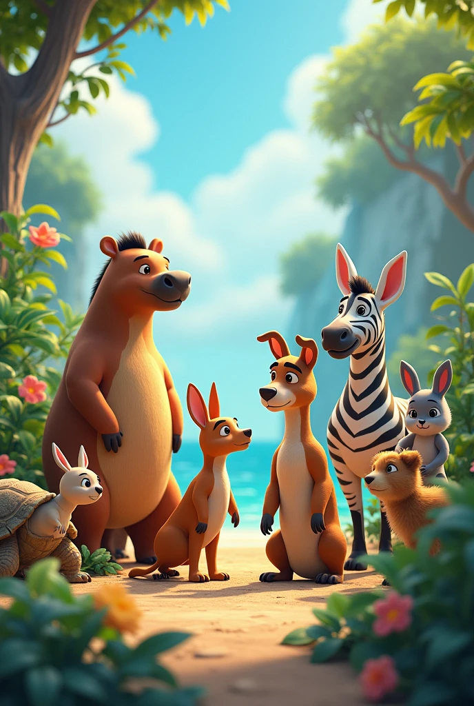 Create animation of the following animals: capibara, zebra, rabbit, Tortoise, dolphin, spectacled bear, Koala, ant-eater, axolotl and dog,