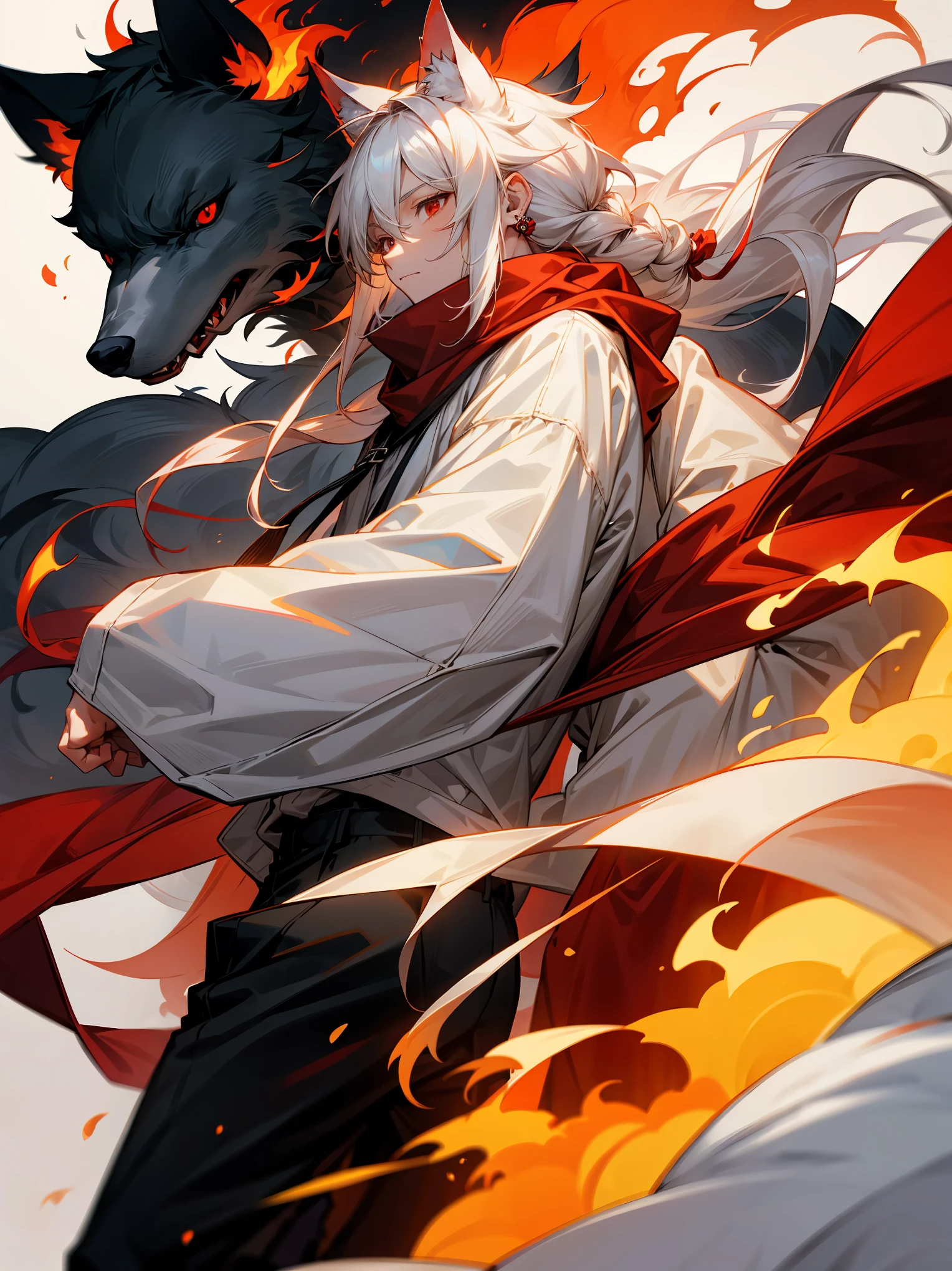 1male, Adult, Long White Hair, White Baggy Long Sleeve Shirt, Baggy Black Pants, Red Eyes, Red Scarf, Earring, Masculine, Dog Ears, Surrounded By Flames, Wolf, Single Hair Braid