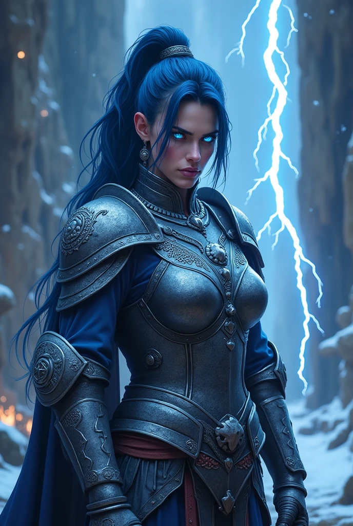 MILF, evil beautiful and muscular female storm giant with blue black hair in a ponytail, older and mature looking , throwing a lightning bolt, glowing tattoos, wearing steel runic plate mail Armour , temple cave background with lightning storm, glowing blue eyes 