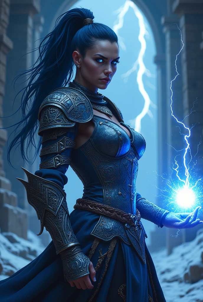 Aletta Ocean, angry evil beautiful and muscular, Nordic female, towering storm Giantess with blue black hair in a ponytail, older and mature woman, throwing a lightning ball, celtic glowing tattoos, wearing nordic steel runic plate mail Armour , temple cave background with lightning storm, glowing blue eyes, square jaw, powerful and imposing, winter clothing, pale blue purple skin, ((full plate celtic dragon armour)), nordic tattoos, fit bodybuilder, facing the camera , ultra detailed