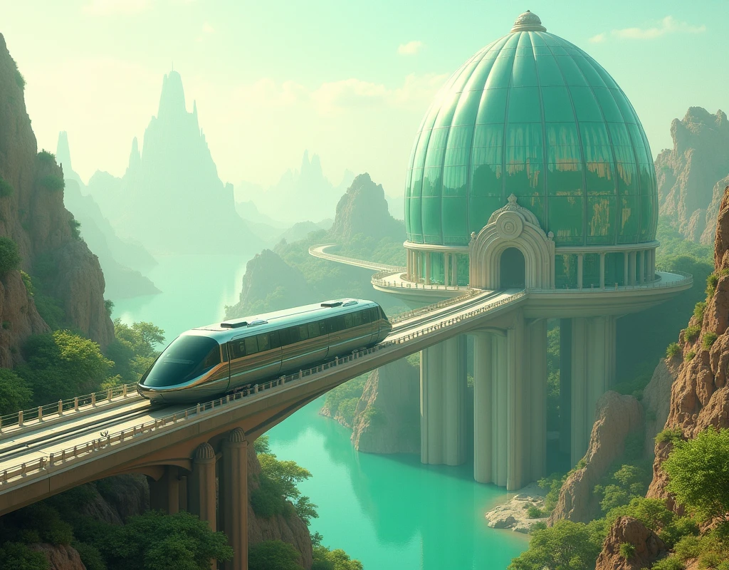 Monorail traversing an ethereal bridge, background showcasing a desert palace composed entirely of glass reflecting surrounding verdant landscape, fantasy elements, photorealistic quality, soft-focus background, detailed foreground, majestic, volumetric lighting, ultra-fine details, haze, ultra-detailed, film photography, light leaks, Larry Bud Melman, trending on artstation, sharp focus, studio photo, intricate details, highly detailed, by greg rutkowski