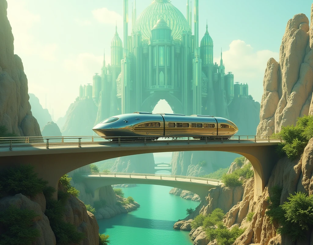 Monorail traversing an ethereal bridge, background showcasing a desert palace composed entirely of glass reflecting surrounding verdant landscape, fantasy elements, photorealistic quality, soft-focus background, detailed foreground, majestic, volumetric lighting, ultra-fine details, haze, ultra-detailed, film photography, light leaks, Larry Bud Melman, trending on artstation, sharp focus, studio photo, intricate details, highly detailed, by greg rutkowski