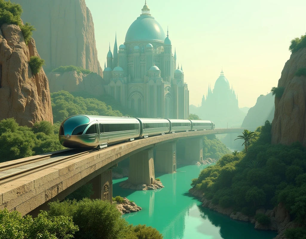 Monorail traversing an ethereal bridge, background showcasing a desert palace composed entirely of glass reflecting surrounding verdant landscape, fantasy elements, photorealistic quality, soft-focus background, detailed foreground, majestic, volumetric lighting, ultra-fine details, haze, ultra-detailed, film photography, light leaks, Larry Bud Melman, trending on artstation, sharp focus, studio photo, intricate details, highly detailed, by greg rutkowski
