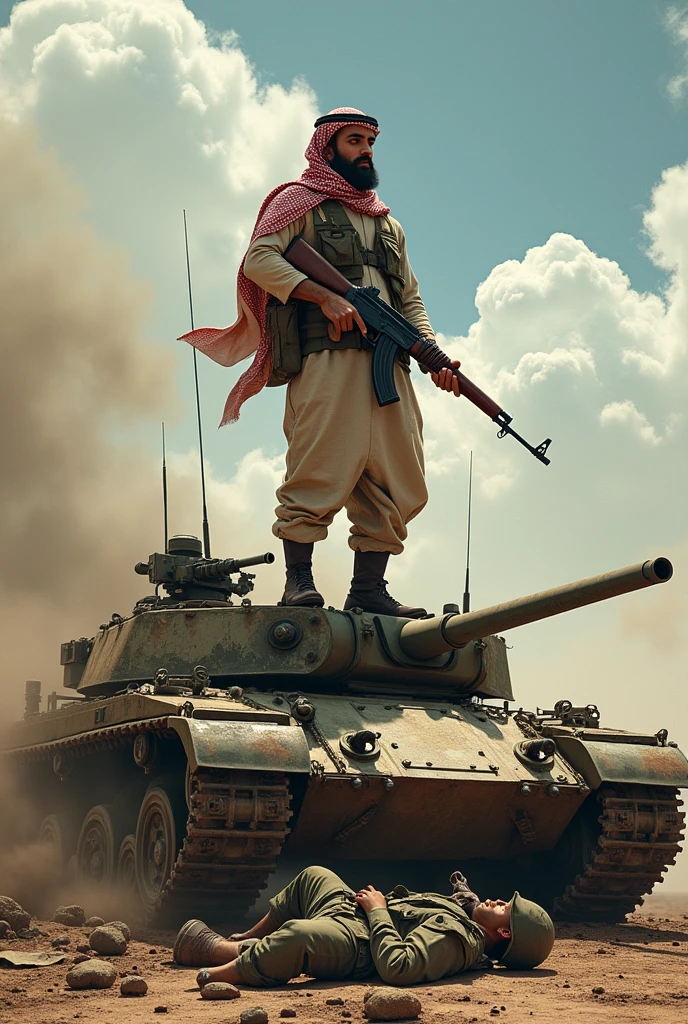 A man wearing a keffiyeh and carrying a rifle, with Israeli soldiers under his shoes and a destroyed tank behind him
