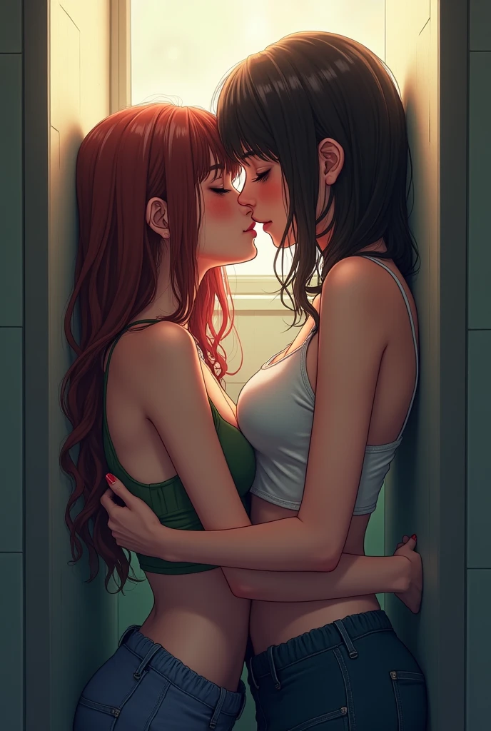 2 girls, kiss, twins, garter and stocking white, gingers, standing, kissing,holding other breast, in a shower, all wet, naked,  teen, C boobs, tiny waist, small ass, rem ram emily,