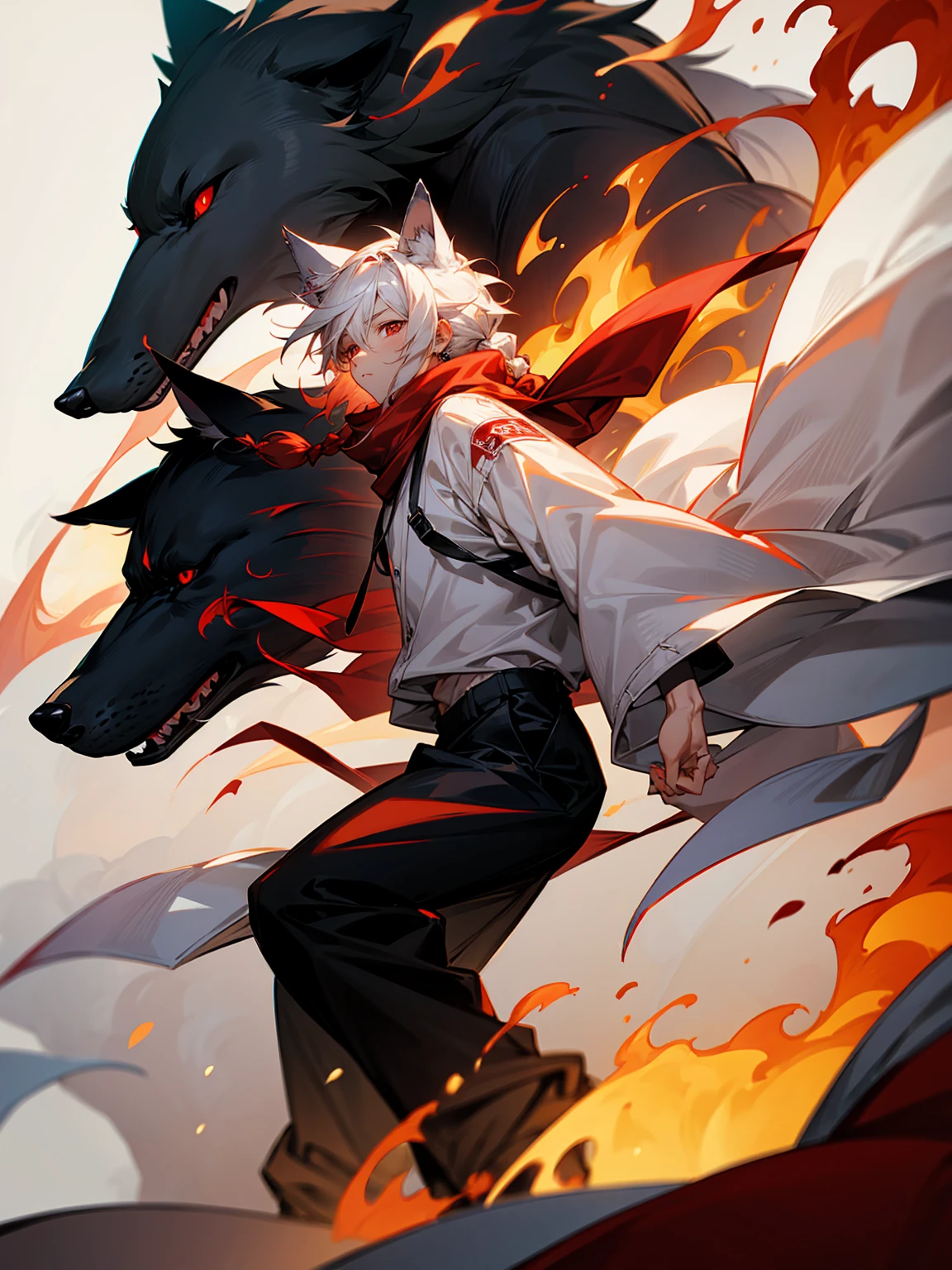 1male, Adult, Long White Hair, White Baggy Long Sleeve Shirt, Baggy Black Pants, Red Eyes, Red Scarf, Earring, Masculine, Dog Ears, Surrounded By Flames, Wolf, Single Hair Braid