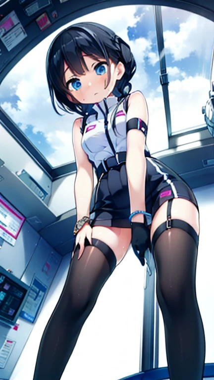 (Highest quality), (masterpiece), 1080P, High resolution, 4K, 8k, Inside the space station、Futuristic room、Thigh straps, Shooting from directly below, The woman on top of me, 白いSweat, Covered , Sweat, Woman looking down, Skirt swimsuit, Thigh-high socks, To achieve this, , , whole body, Black leather shoes, Braided hair, Inner Color, Embarrassed face, Short black hair, bracelet, Bedroom,celestial body_Vest
