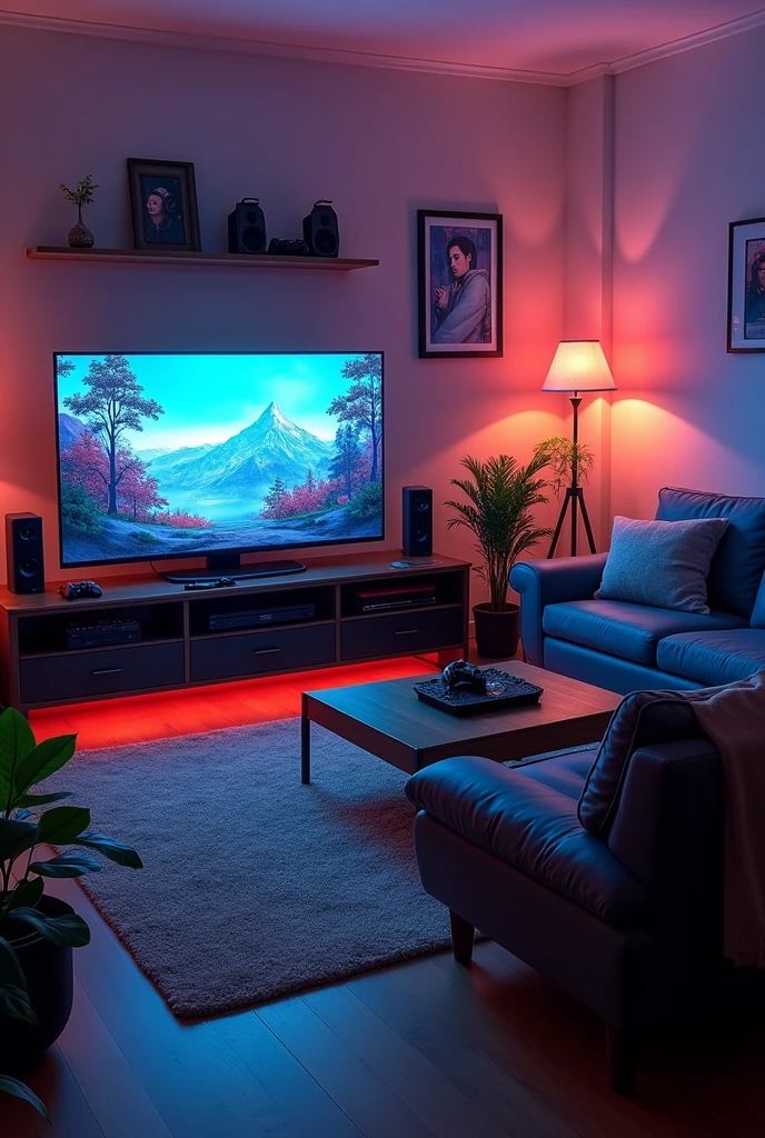Create a gamer room with a sofa, armchair, 4k TV and place a video game