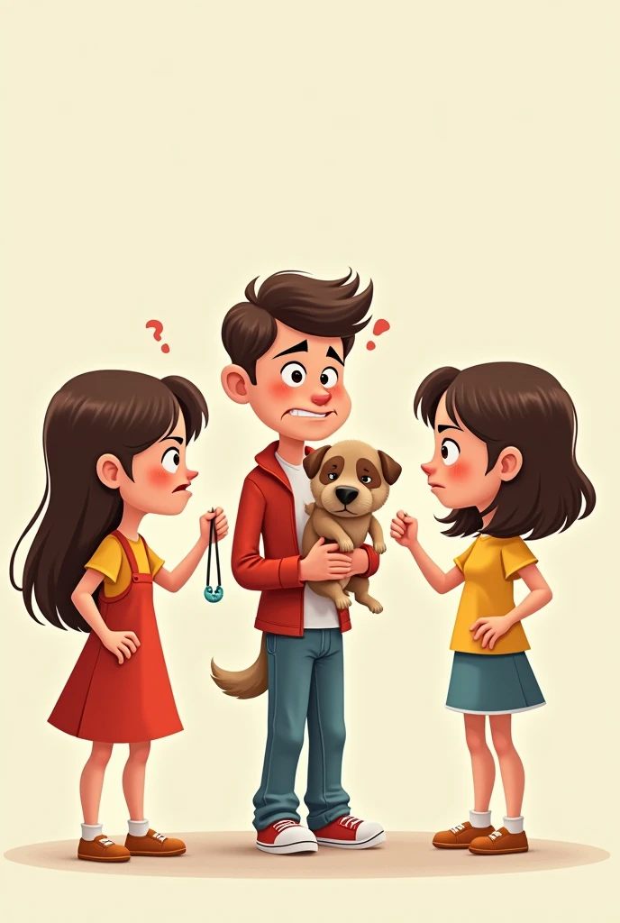 Two girls with different clothes, one with a necklace in her hand , an adult man with a dog in his arms and the girls looking angry and the man looking like he doesn't understand anything, images of cartoon characters