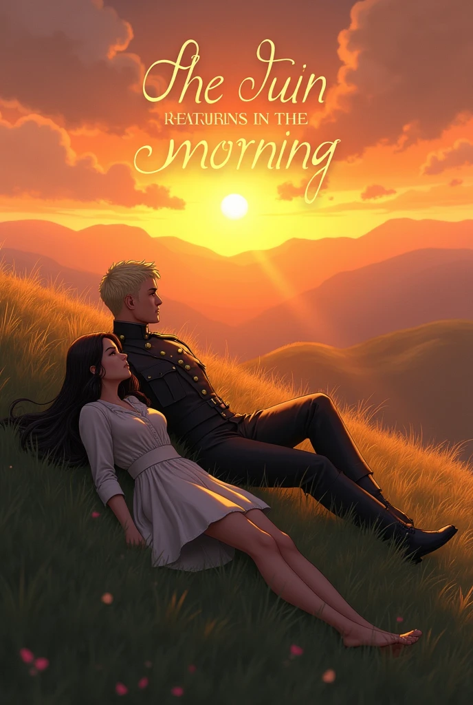 create the image of a sunset on top of a hill with a woman with long, dark hair and a strong military soldier with blond hair lying on the grass watching the sunset and written above them in beautiful letters the phrase : "the sun returns in the morning"