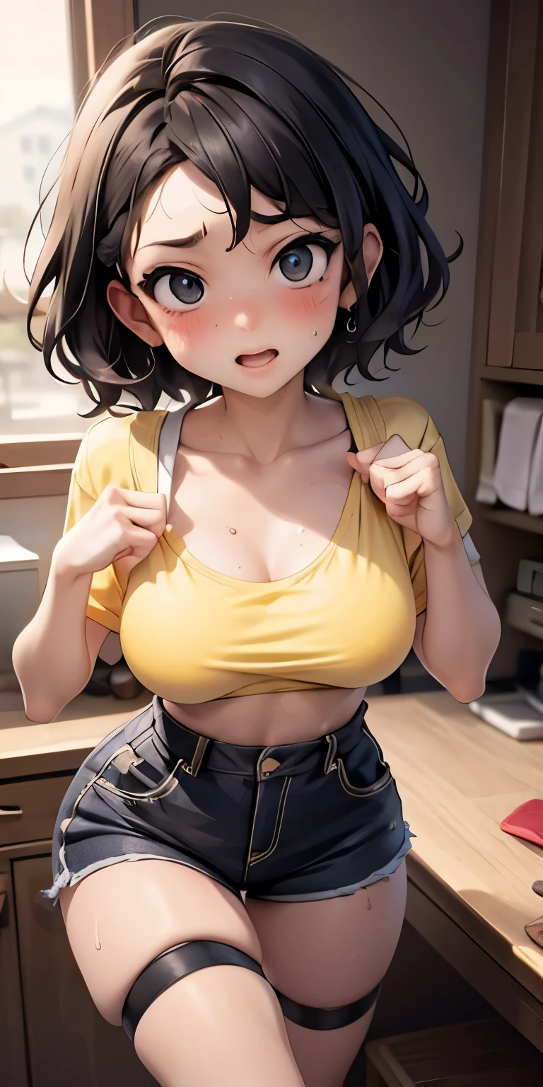 、Emphasis on breast valley、、Sweaty、、BlackShort Boyish Hair、Tomboy.Emphasis on breast valley、Wearing a lemon yellow t-shirt．Shorts、Sexy posing、Embarrassed expression