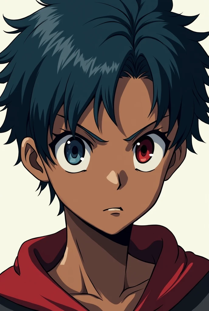 Create a drawing of a girl with a man&#39;s hair style and make it blue or dark colors,with a serious expression and that has a red and black eye and that is brown-skinned and that is My Hero Academia style 