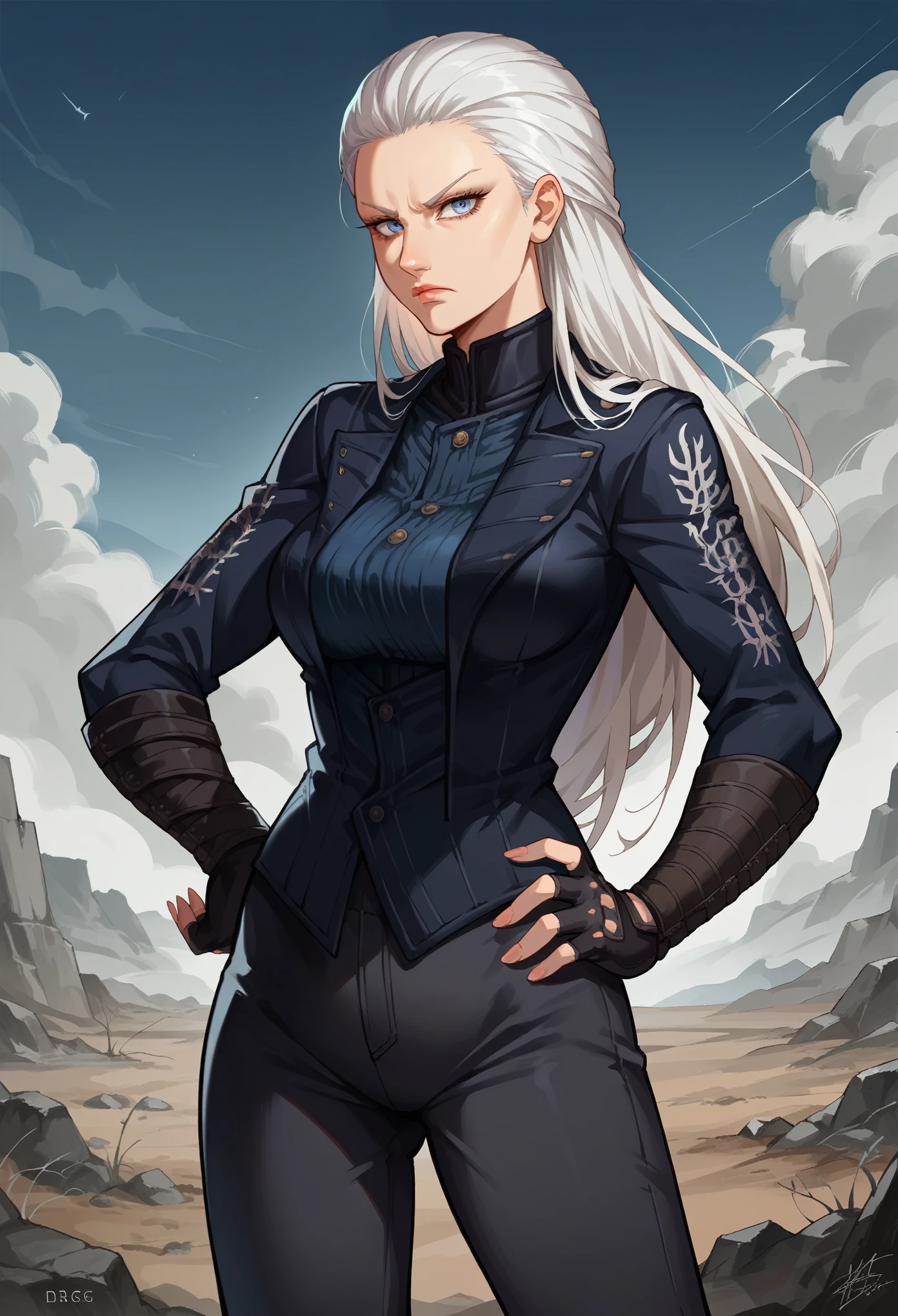 score_9, score_8_up, score_7_up, source_anime, 1girl, solo, female focus, dmc5vergil, white hair, long hair, medium breasts,blue eyes, black coat, fingerless gloves, pants, grabbing own breasts, standing, serious, looking down, wasteland, gray landscape, desolated, gray plain,