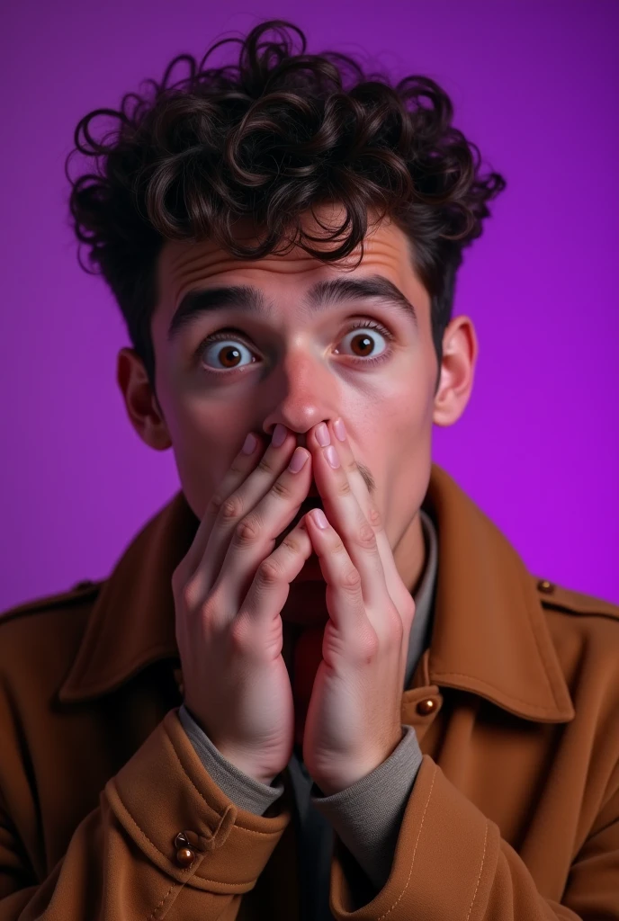 It features a young handsome man with a surprised expression on his face, covering his mouth with his hands. He is wearing a brown jacket and has curly hair. The background is purple