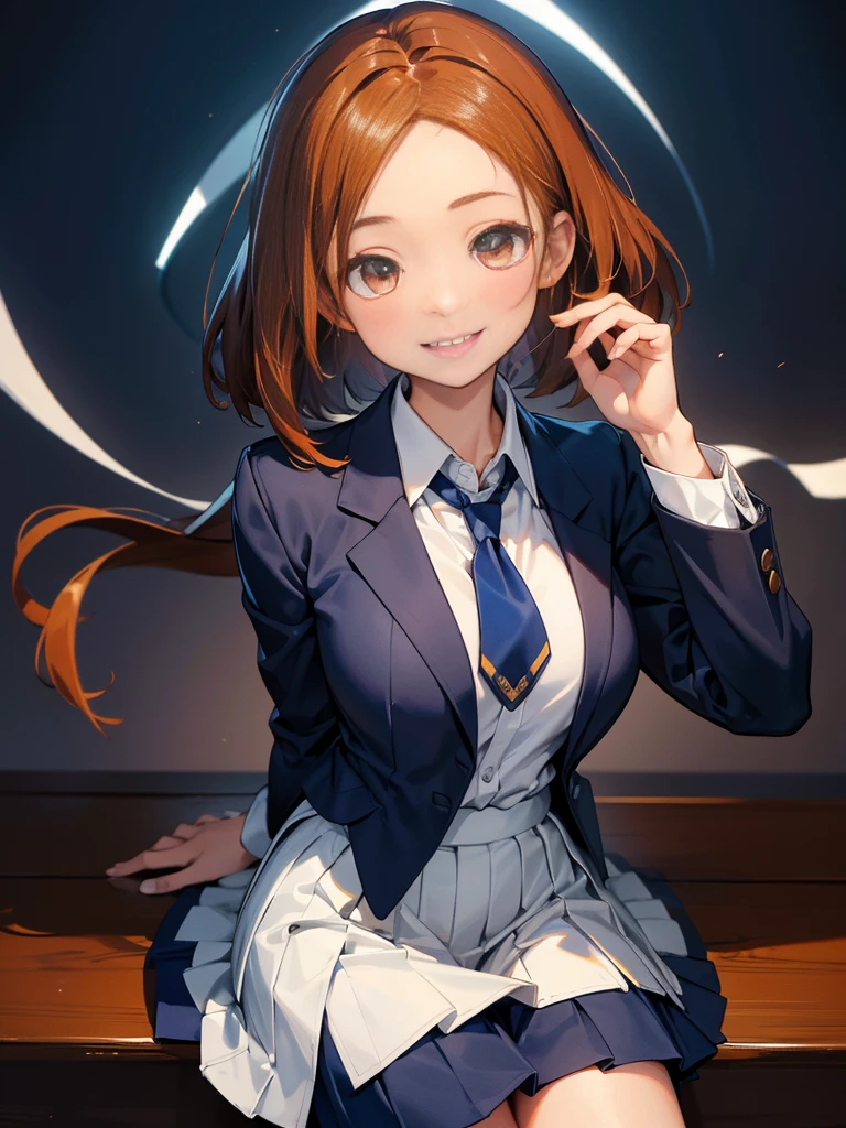 A girl emitting energy from her hands, Chestnut Hair, Bobcut,Half Up Hair,Large Breasts, smile, Droopy eyes, quiet,perspective, height: 165cm,High School Uniform,Navy Blue Blazer,White blouse,Orange ribbon tie,Gray knee-length flared skirt,Anime Style,Knee-length skirt,Healthy sex appeal,High resolution, Anatomically correct, 最High quality, corruption, detailed, High detailed, High resolutionモデル, High quality, quality, Very detaileded, 超High resolution, Textured skin, Exposed forehead,happiness, Viewfinder, smile, Multiview, A healing aura emanates from your hands