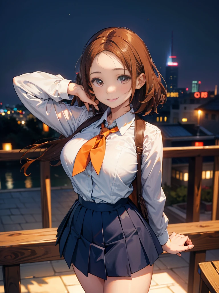 A girl emitting energy from her hands, Chestnut Hair, Bobcut,Half Up Hair,Large Breasts, smile, Droopy eyes, quiet,perspective, height: 165cm,High School Uniform,Navy Blue Blazer,White blouse,Orange ribbon tie,Gray knee-length flared skirt,Anime Style,Knee-length skirt,Healthy sex appeal,High resolution, Anatomically correct, 最High quality, corruption, detailed, High detailed, High resolutionモデル, High quality, quality, Very detaileded, 超High resolution, Textured skin, Exposed forehead,happiness, Viewfinder, smile, Multiview, A healing aura emanates from your hands