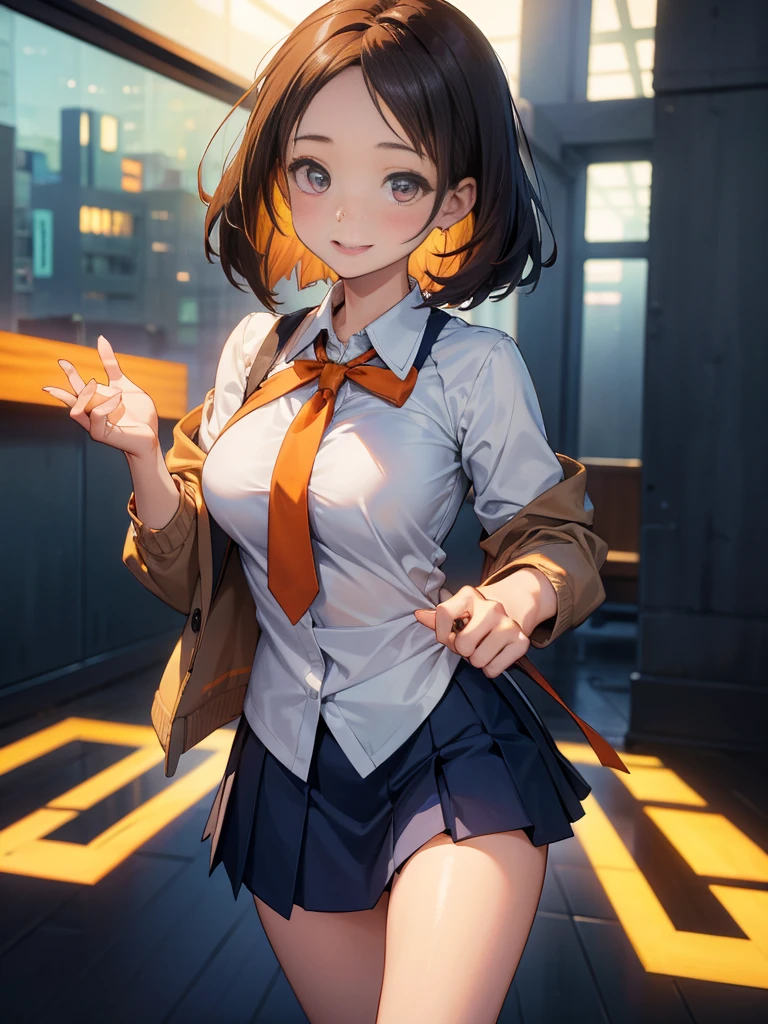 A girl emitting energy from her hands, Chestnut Hair, Bobcut,Half Up Hair,Large Breasts, smile, Droopy eyes, quiet,perspective, height: 165cm,High School Uniform,Navy Blue Blazer,White blouse,Orange ribbon tie,Gray knee-length flared skirt,Anime Style,Knee-length skirt,Healthy sex appeal,High resolution, Anatomically correct, 最High quality, corruption, detailed, High detailed, High resolutionモデル, High quality, quality, Very detaileded, 超High resolution, Textured skin, Exposed forehead,happiness, Viewfinder, smile, Multiview, A healing aura emanates from your hands