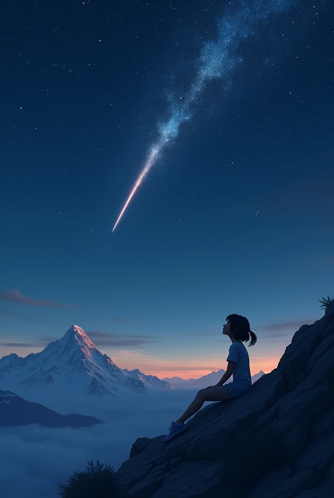 a girl lying on the top of a mountain looking at the starry sky (many stars) and a shooting star falls on it