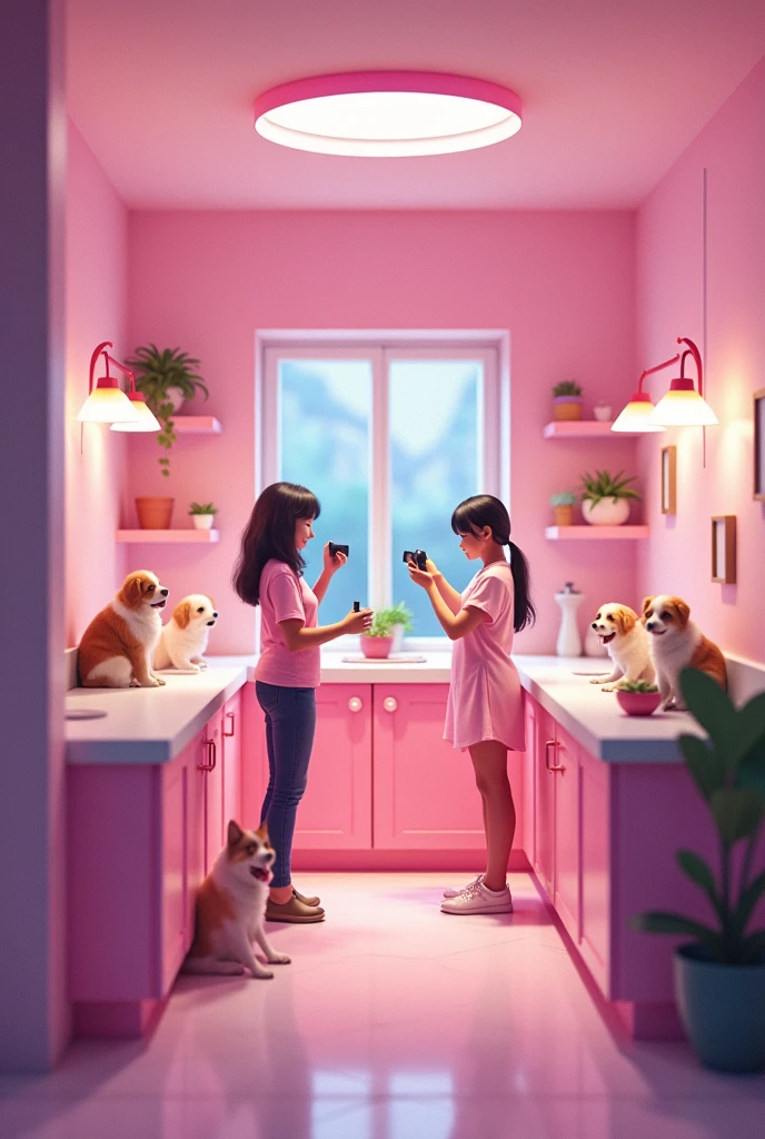 Behind the scenes of a dog beauty center, with two aunts who love dogs a lot,who always films the dogs they take care of daily, environment focused on pink and lilac colors.
Led written cuteness in Brazilian Portuguese