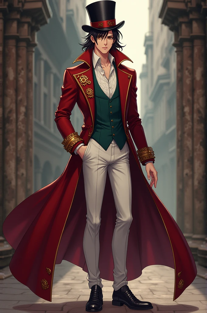 handsome, fair-skinned man with long dark brown hair. He has amber eyes, a tall and slender body with a nice build. his main outfit consists of a dark jade-green vest, a cream colored dress shirt, a long, velvety red coat with gears accessorized on it, along with white trousers and dark shoes. He also dons a black top hat with a red accent and a gold badge accessory anime