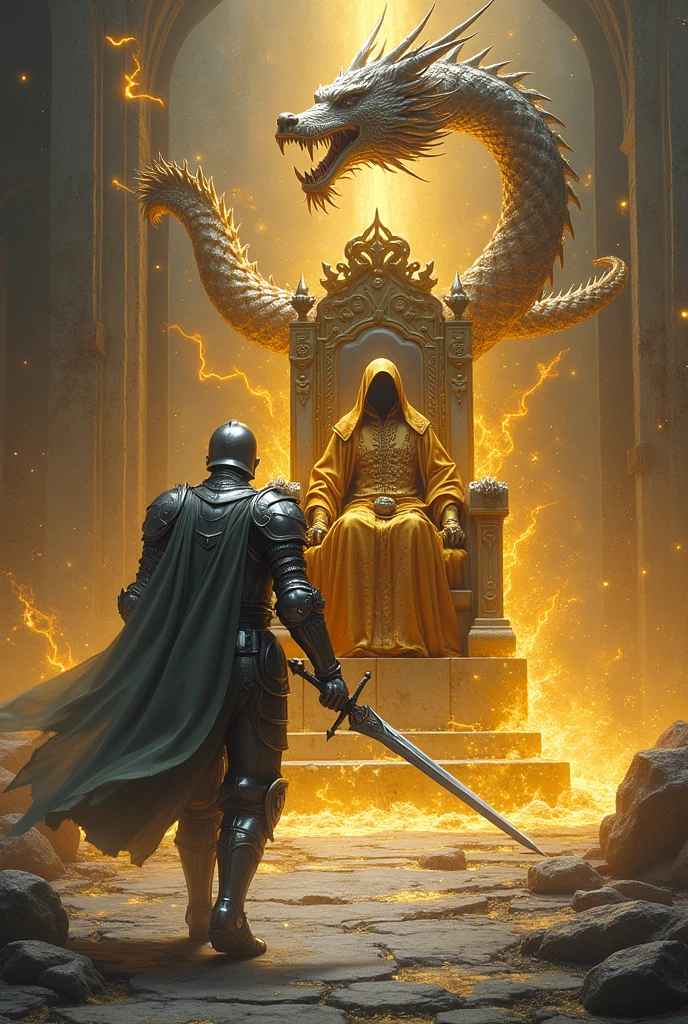 A knight in silver armor holding a sword walks towards a throne full of thorns，The thorns shine with golden light，On the throne sat a pagan in a hood and golden garments.，The entire throne was shattered，A silver Chinese dragon hovers around the knight