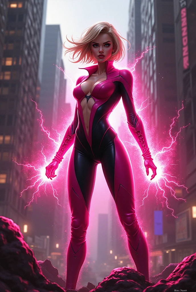 Seductive and Beautiful young woman with a soul of pure evil and hatred. Alluring shorthaired blonde supervillainess with energy blast powers. Attacking a city snd killing random people. A sinister smirk crosses her glossy lips. Skintight pink and black costume accentuate her curves.