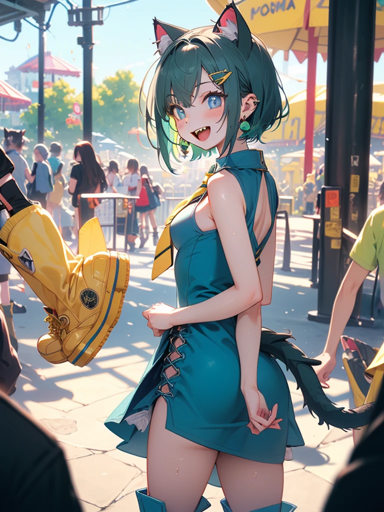 (8k, RAW Photo, Top Quality, Refined Details, Masterpiece: 1.2), (High Resolution 8k Wallpaper), Sharp Focus, Professional Lighting, Depth of Field, Cinematic Lighting, Background Blur, (1Girl:1.4), (small breasts:1.7), (A cat's tail grows from the coccyx.:1.4), Smile, whole body, (white knee-high socks: 1.2), (green hair: 1.2), (blue dress: 1.4), (yellow tie: 1.4), (yellow boots: 1.4), animal ears, short hair, earrings, cat ears,blue eyes,looking back,Date at an amusement park