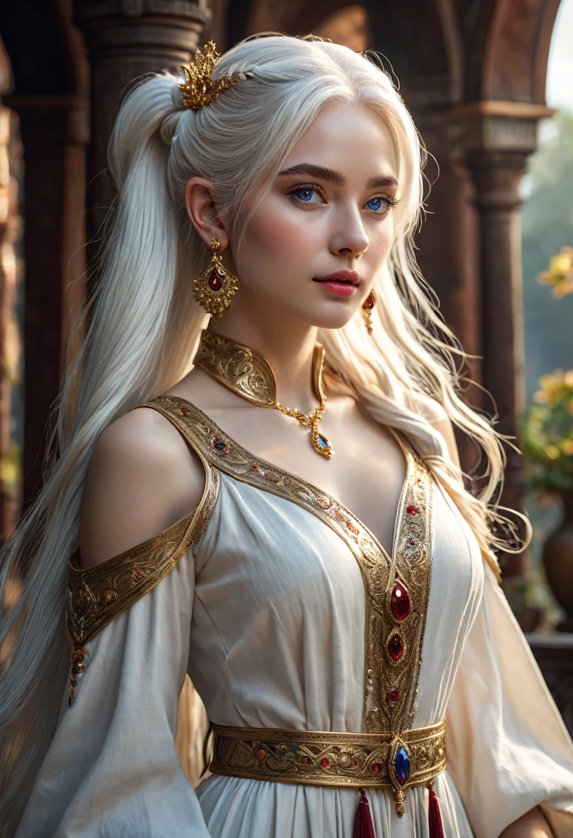 A woman, she has small elf ears, long white hair tied in two ponytails falling on both shoulders, (((a woman with long white hair princess 1.7)))(((very beautiful))), perfect faces, full body, ruby ​​earrings in the ear, white medieval tunic with gold details, blue eyes, , 8K, extremely detailed, (high quality, realistic, photorealistic: 1.37), ideal proportions and defined skin, meticulously crafted features, unapproachable beauty, perfection, artistic art, vivid realism, hyper-detailed sculptures, realistic shapes, truly inspiring, impeccable craftsmanship, pure brilliance, ethereal beauty, delicate contours, striking poses, sublime beauty, subtle nuances, dynamic compositions, vibrant colors, perfect lighting, moving expressions, heavenly aura, majestic presence, dreamlike atmosphere, unmatched detailed octane rendering trend on artstation, artistic photography 8k, photorealistic concept art, cinematic volumetric natural soft perfect light, chiaroscuro, award winning photography, art, oil on canvas, beautiful detailed intricate insanely