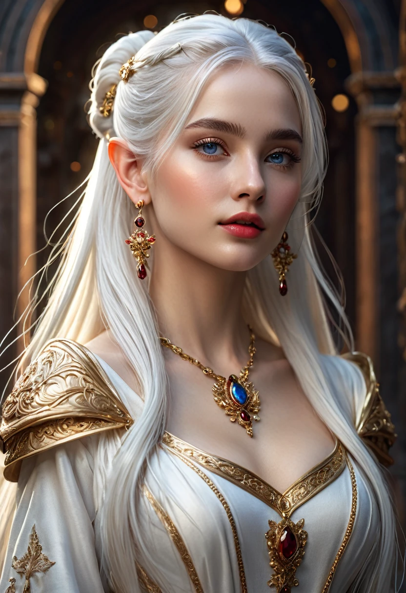 A woman, she has small elf ears, long white hair tied in two ponytails falling on both shoulders, (((a woman with long white hair princess 1.7)))(((very beautiful))), perfect faces, full body, ruby ​​earrings in the ear, white medieval tunic with gold details, blue eyes, , 8K, extremely detailed, (high quality, realistic, photorealistic: 1.37), ideal proportions and defined skin, meticulously crafted features, unapproachable beauty, perfection, artistic art, vivid realism, hyper-detailed sculptures, realistic shapes, truly inspiring, impeccable craftsmanship, pure brilliance, ethereal beauty, delicate contours, striking poses, sublime beauty, subtle nuances, dynamic compositions, vibrant colors, perfect lighting, moving expressions, heavenly aura, majestic presence, dreamlike atmosphere, unmatched detailed octane rendering trend on artstation, artistic photography 8k, photorealistic concept art, cinematic volumetric natural soft perfect light, chiaroscuro, award winning photography, art, oil on canvas, beautiful detailed intricate insanely