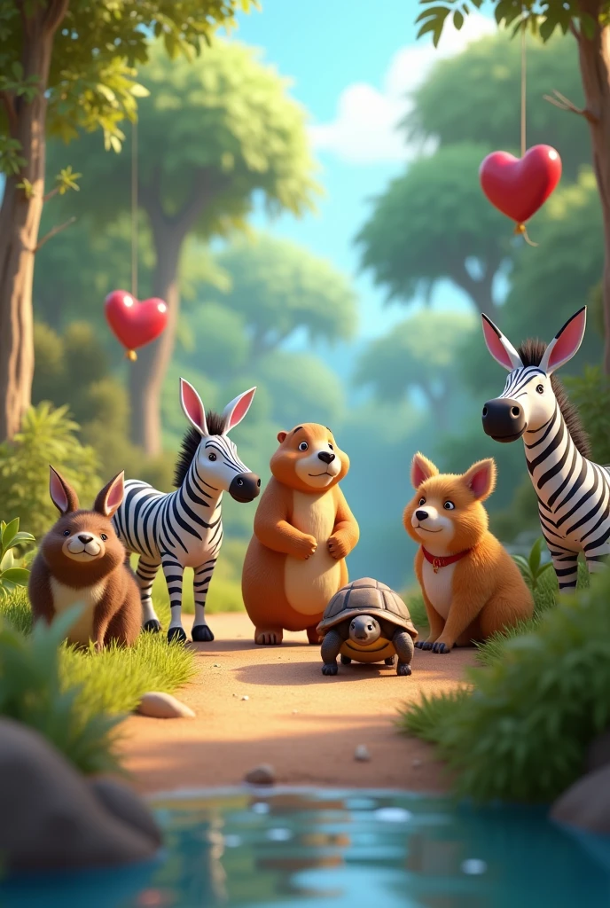 Create animation of the following animals: capibara, zebra, rabbit, Tortoise, dolphin, spectacled bear, Koala, ant-eater, axolotl and dog,